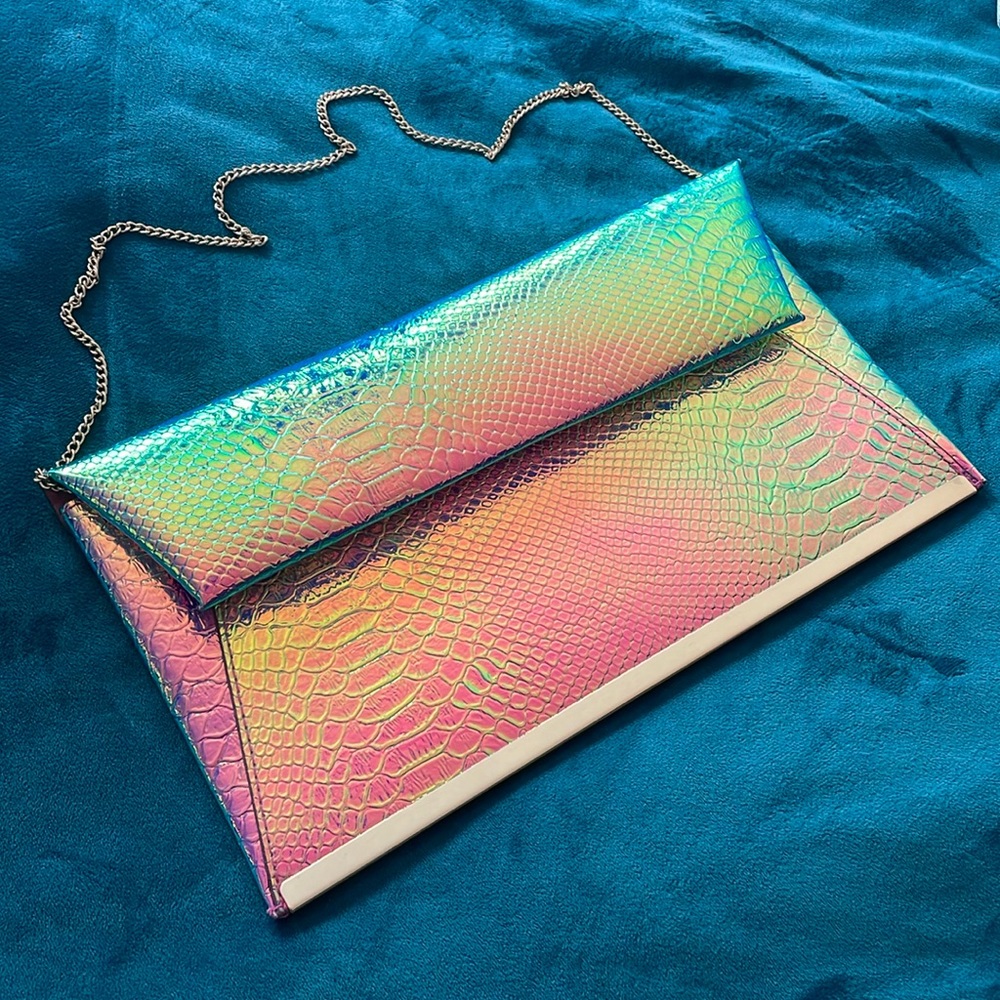 New Look Iridescent Holographic Clutch Purse with Gold Chain Strap
